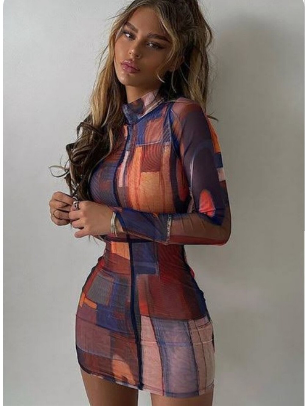 Fashion Nova Abstract Long Sleeve Mesh Mini Dress Small